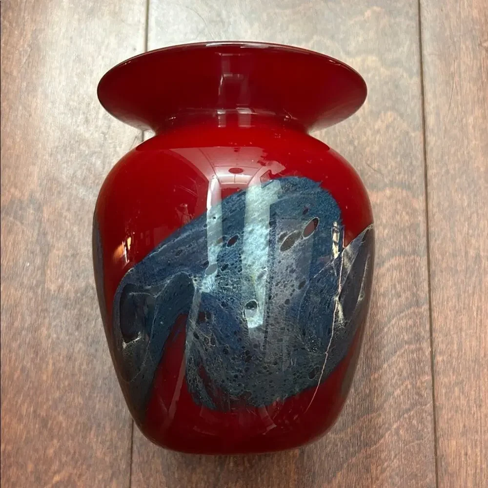 Michael Nourot Vintage Red Art Glass Vase with Colored Swirl, Signed by Artist